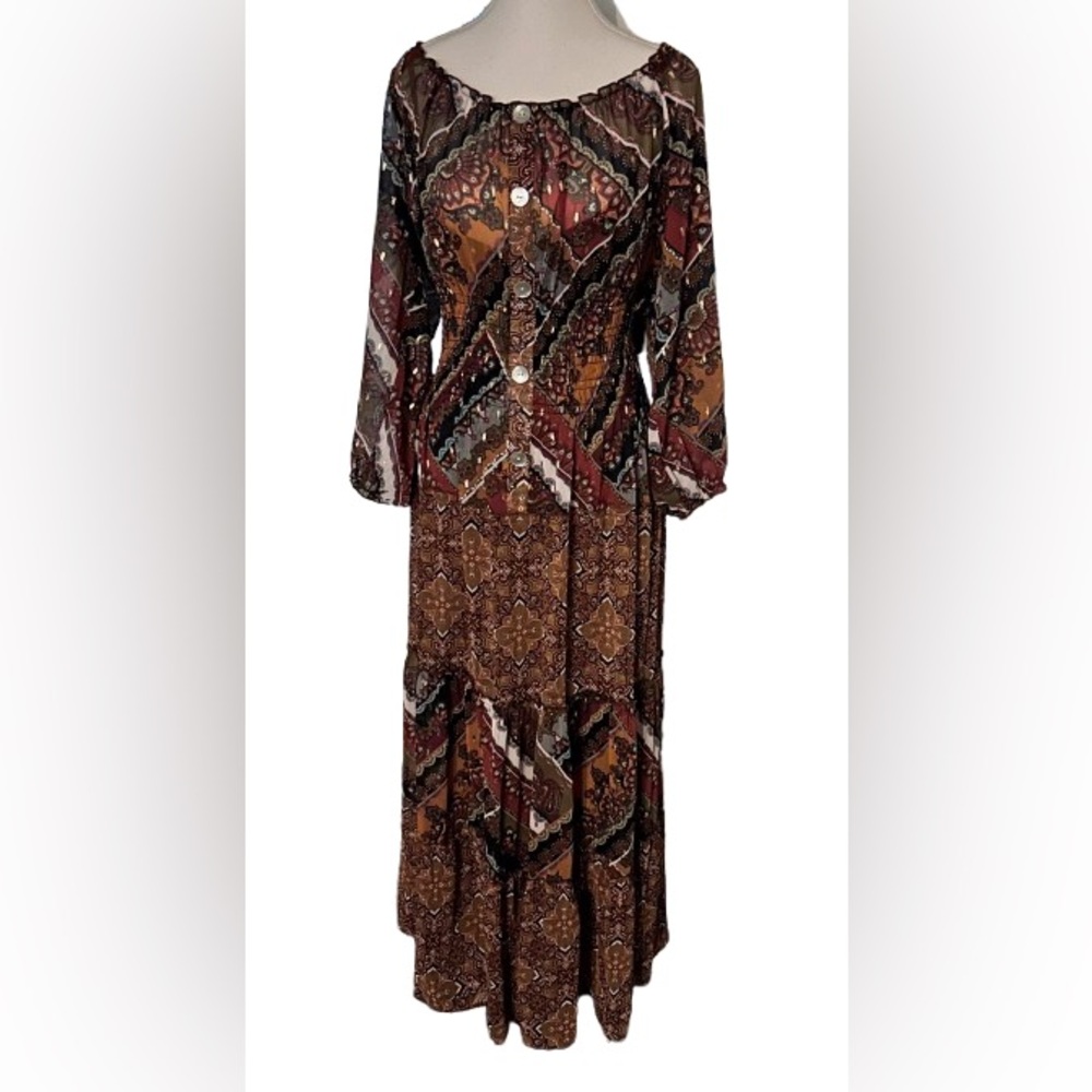 Bohemian Maxi Dress Fig & Flower XL Peasant Boho Floral Paisley Sheer Blue Green